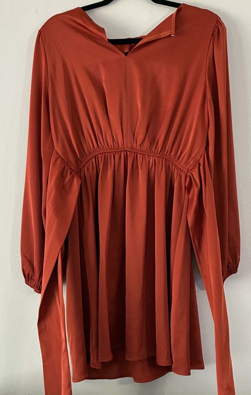 Mitilly Long Sleeve V-Neck Satin Mini Dress with Waist Tie in Rust